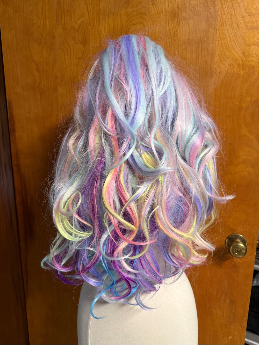 Multicolor Pastel Pink Blue Layered Long Curly Women's Wig - Rainbow